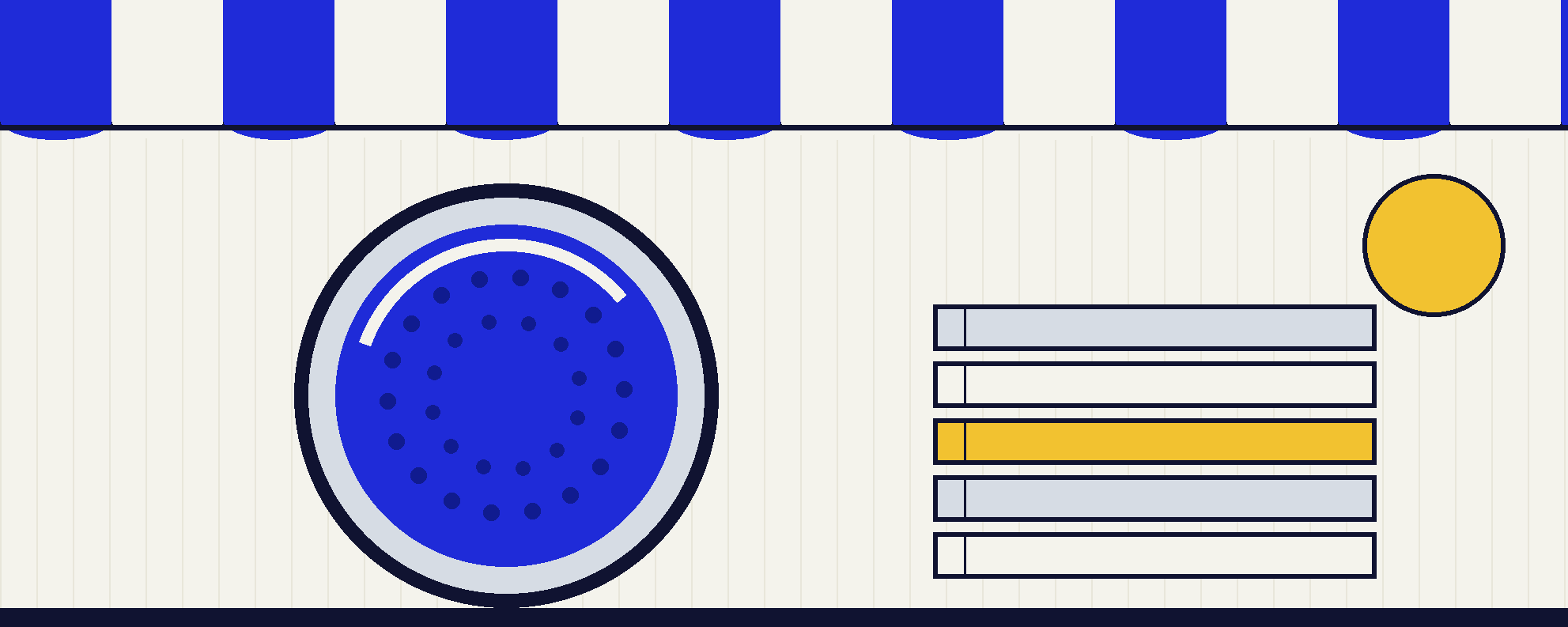 Illustrative concept art of a washer drum porthole beside a striped Bell Blvd-style storefront awning and folded linen